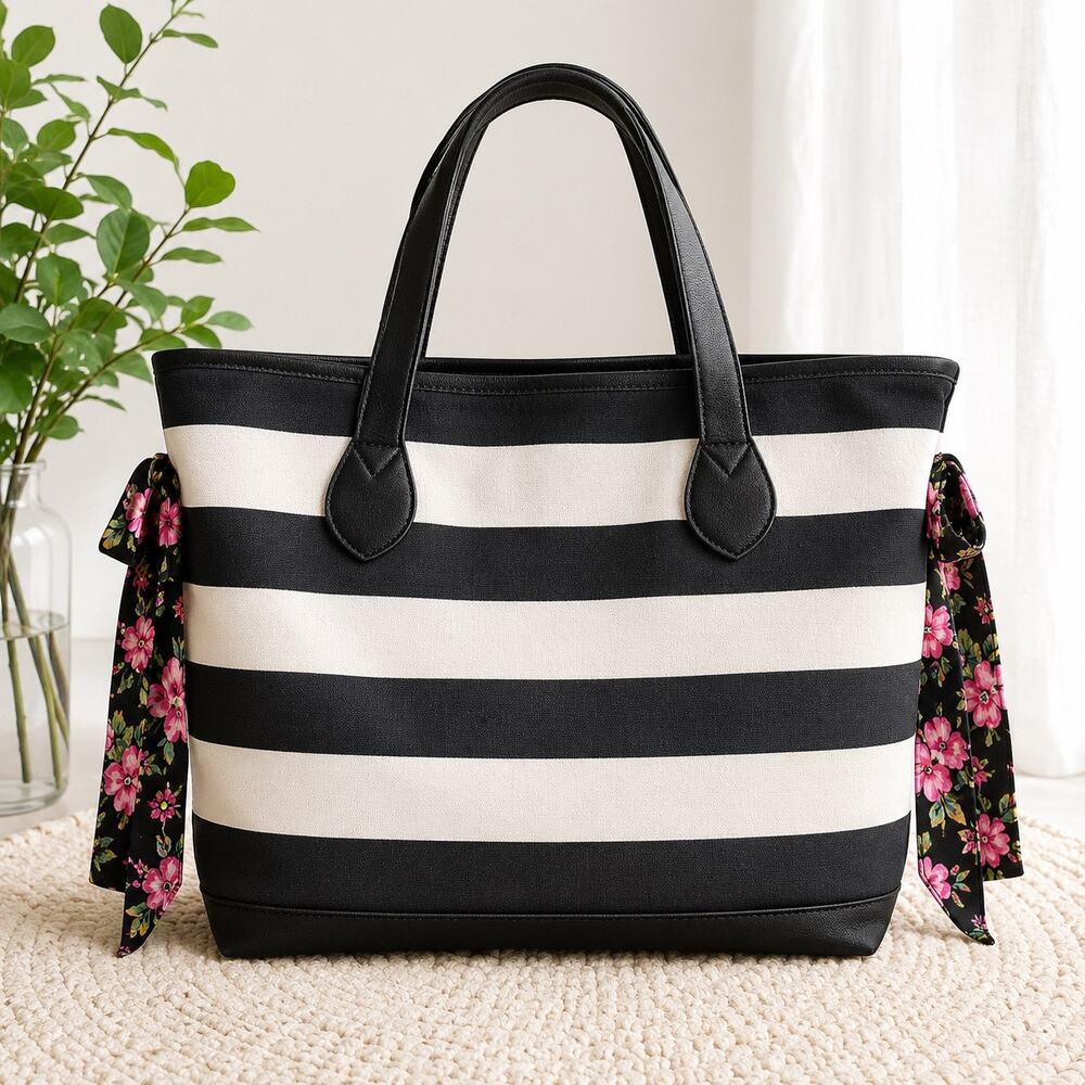 Simply Spring Black White Striped Canvas Floral Strap Large Shoulder Bag